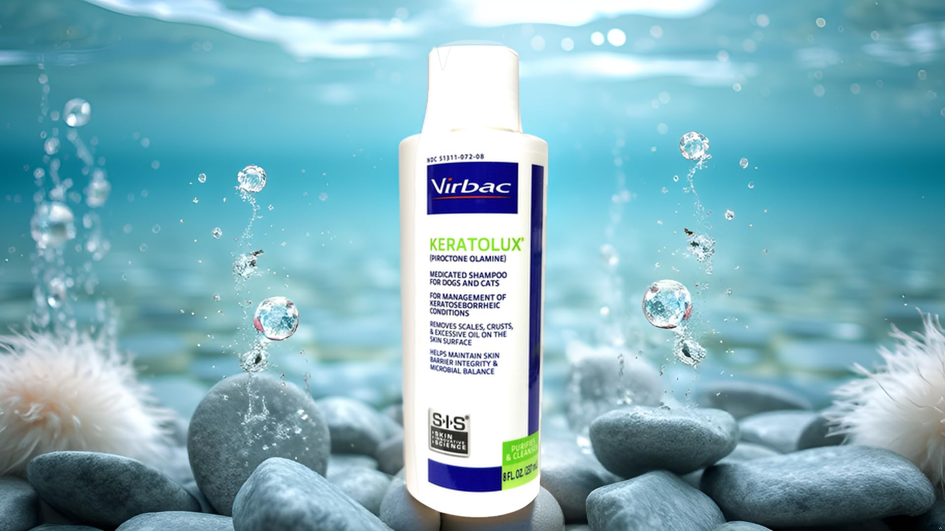 Virbac Keratolux Shampoo highlights spherulites for targeted cleansing.