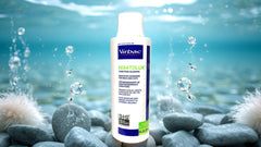 Virbac Keratolux Shampoo highlights spherulites for targeted cleansing.