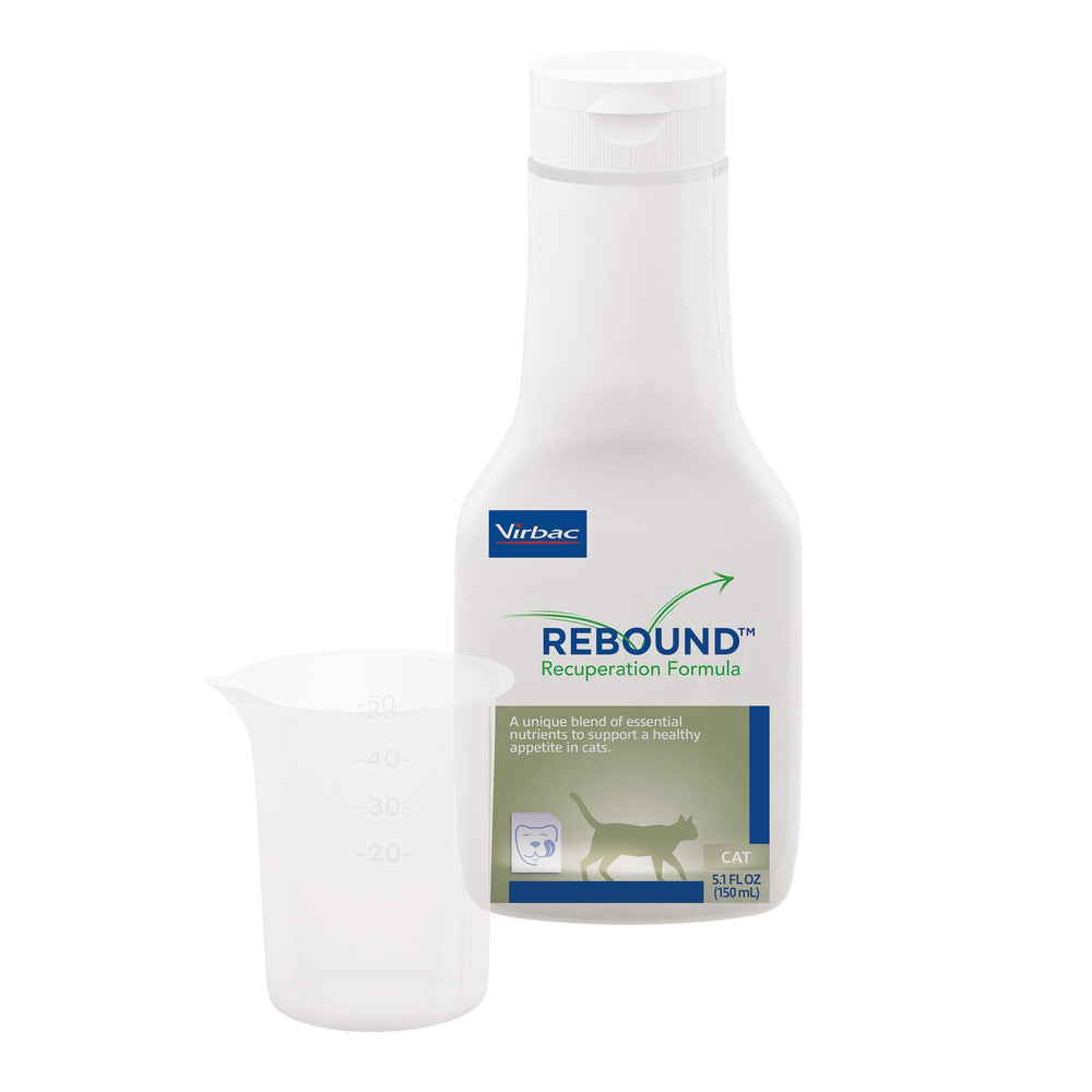 Virbac Rebound bottle pour highlighting hydration and recovery support for cats.