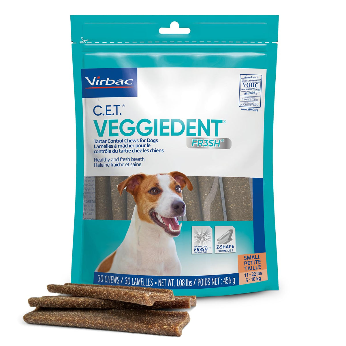 Virbac VeggieDent FR3SH chew front view highlights tartar control for small dogs.