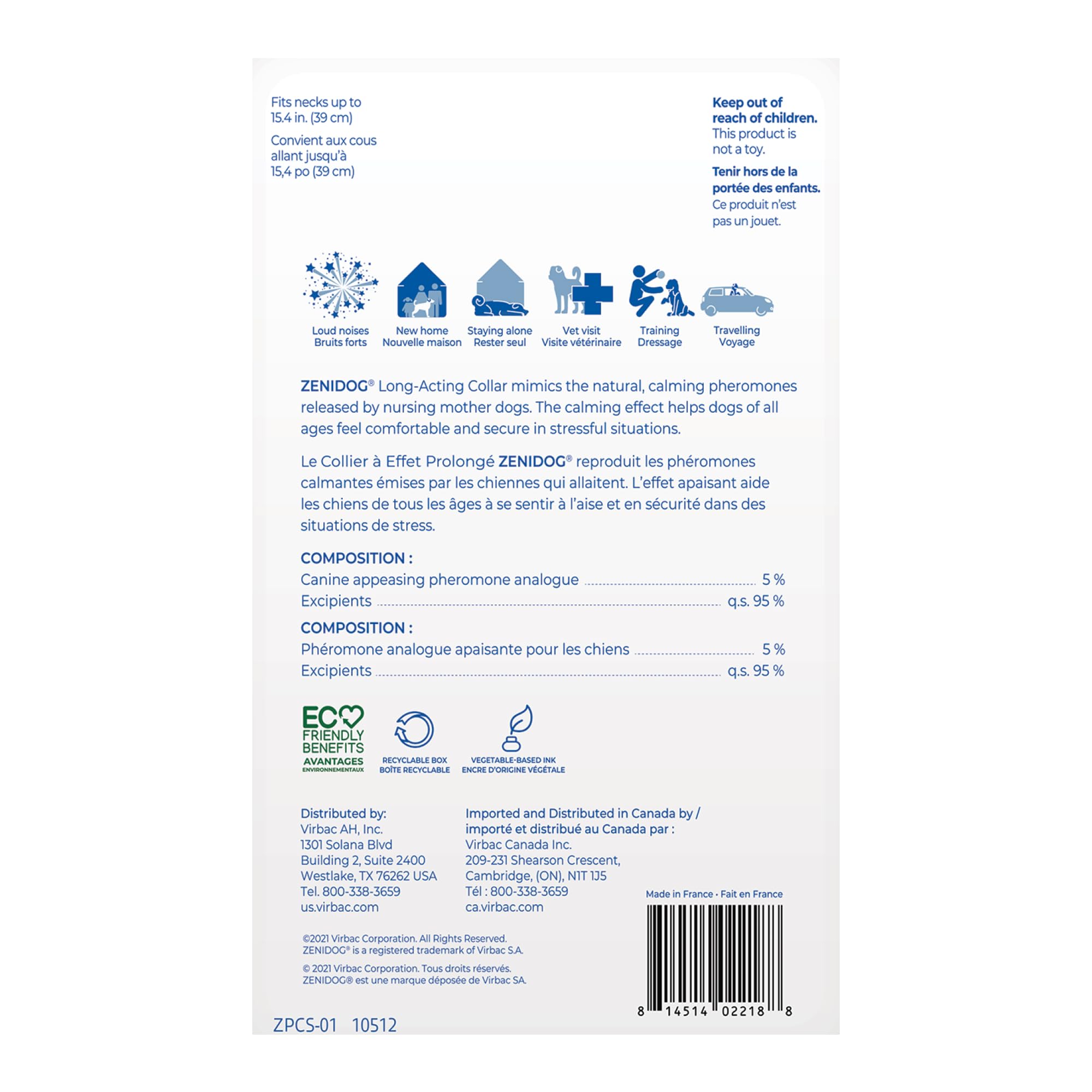 Virbac ZENIDOG collar in box with instructions ensuring proper use.