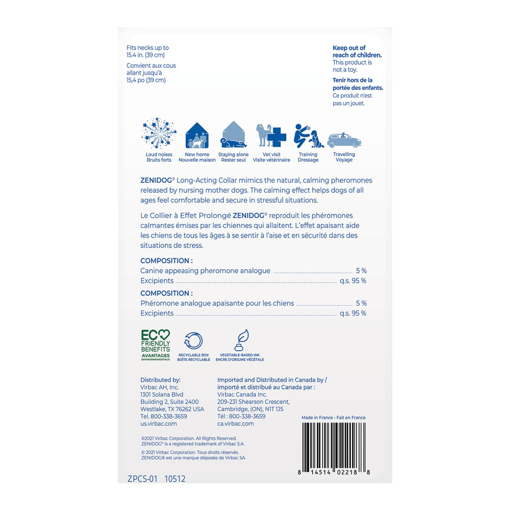 Virbac ZENIDOG collar in box with instructions ensuring proper use.
