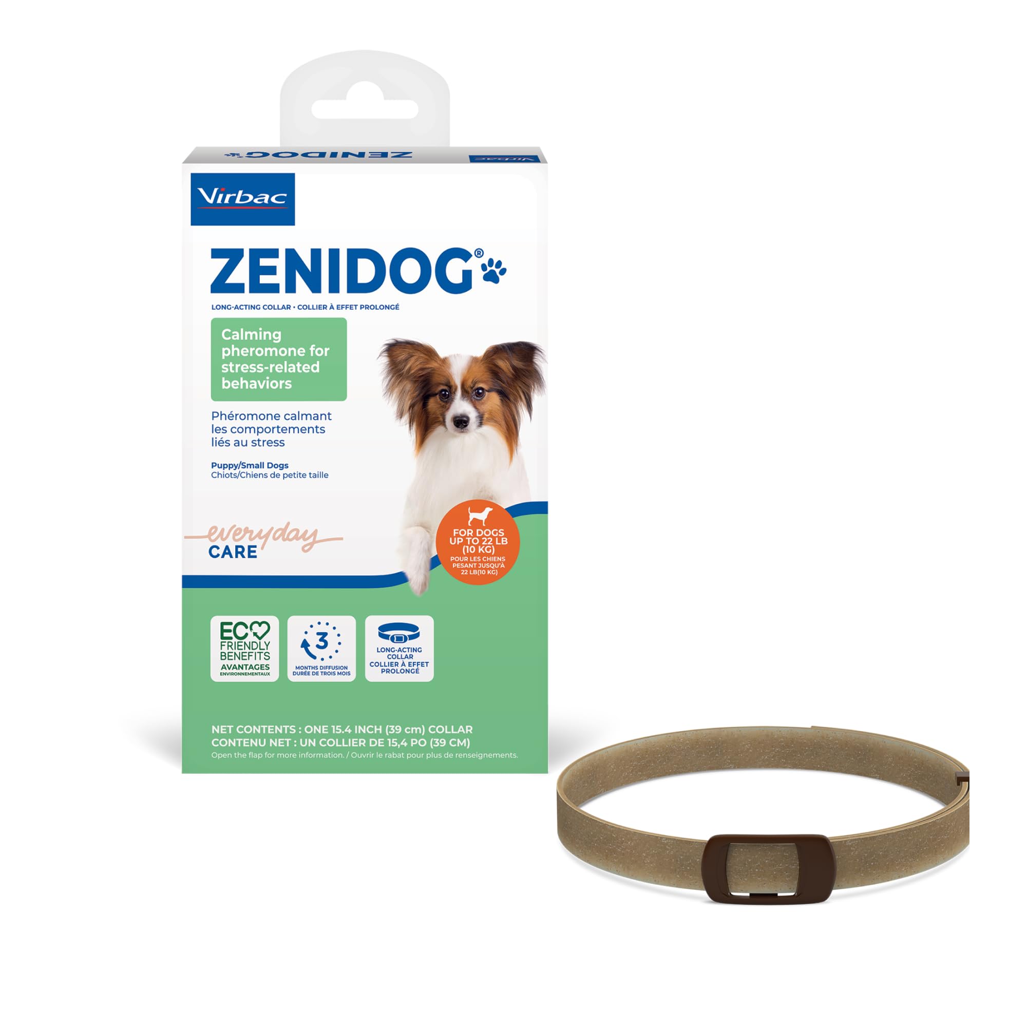 Virbac ZENIDOG calming collar in packaging for stress relief.