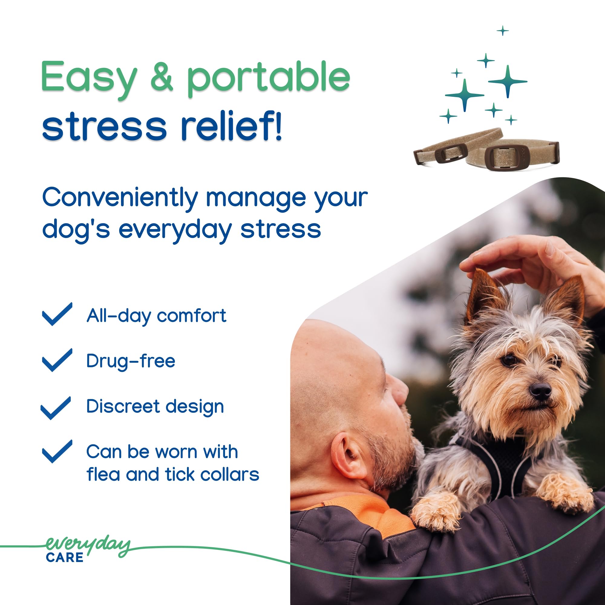 Virbac ZENIDOG collar in travel scene easing canine stress during trips.