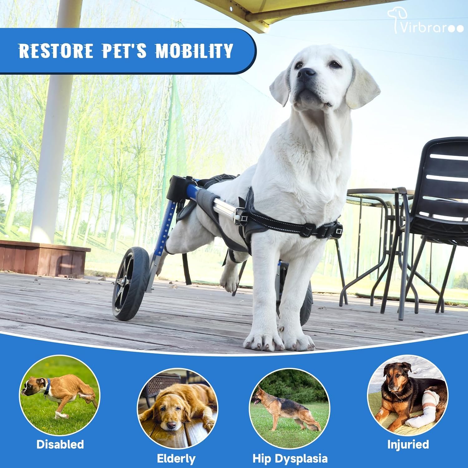 Virbraroo Dog Wheelchair adjustable-fit design tailors to your dog's shape for comfortable support.