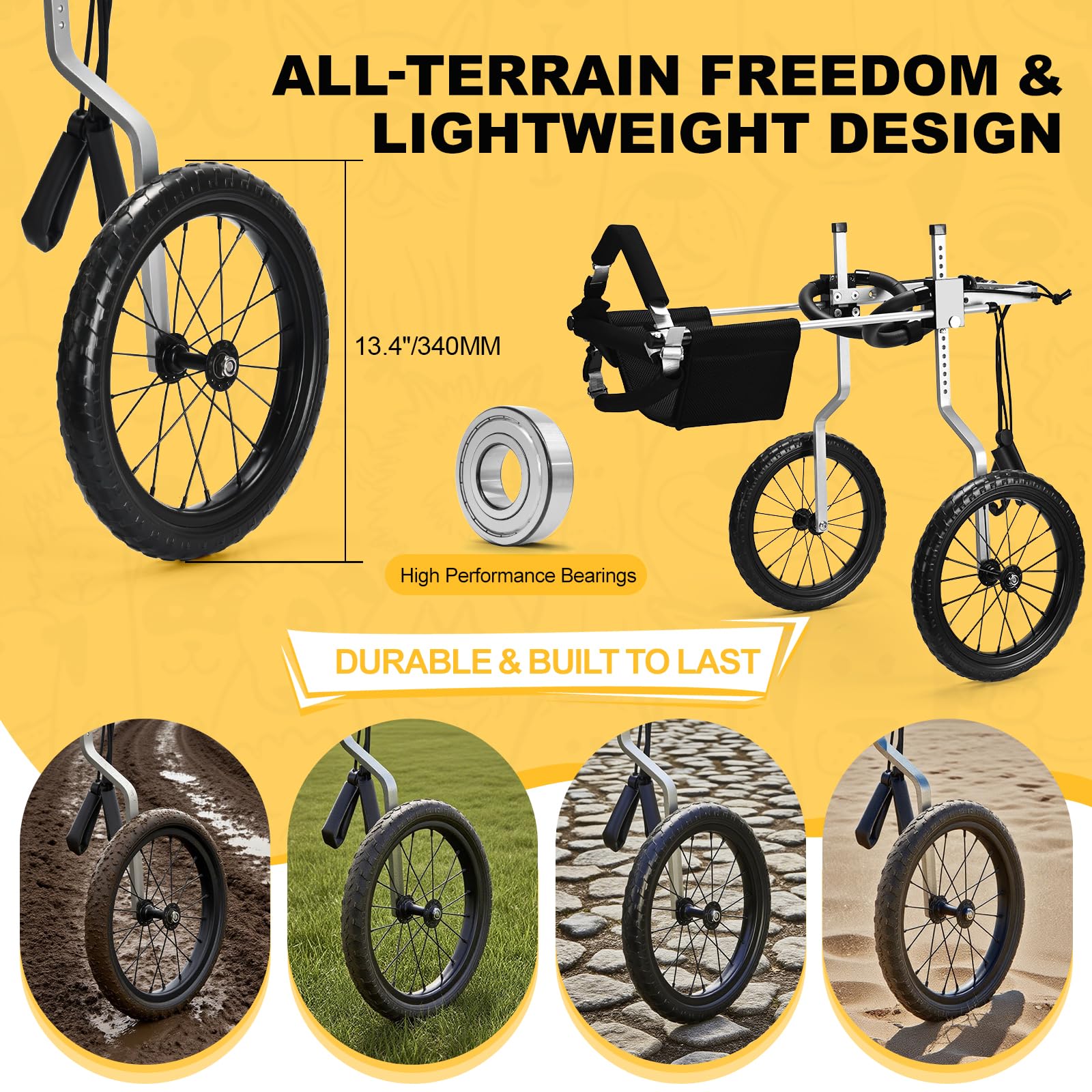 Virbraroo dog wheelchair reinforced-abdominal-strap redistributes weight to ease spine pressure