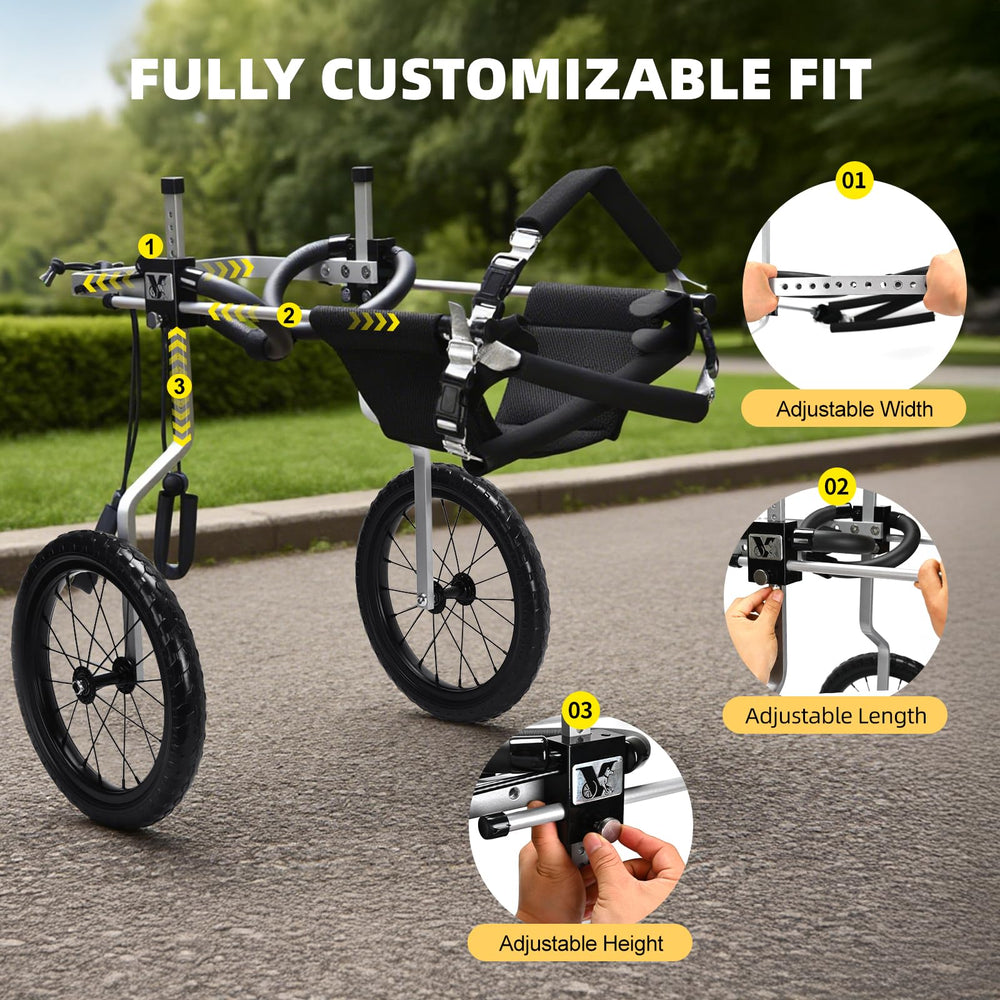 Virbraroo dog wheelchair reinforced strap secures abdomen and reduces spinal pressure.
