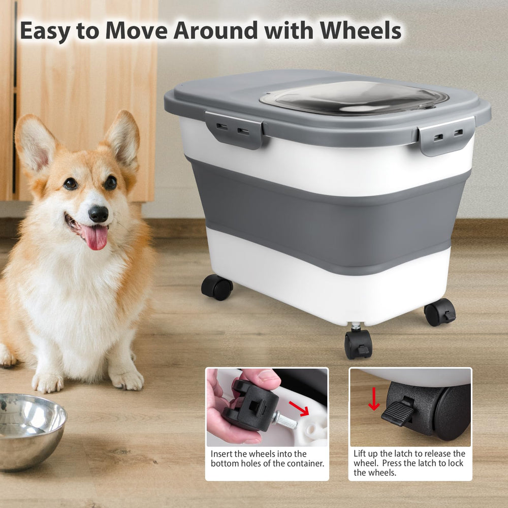 Viretec dog food container clear flip-top lid enables quick level checks.
