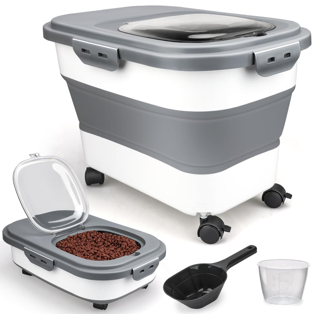 Viretec dog food container collapsible design demonstrates space-saving versatility for busy homes.