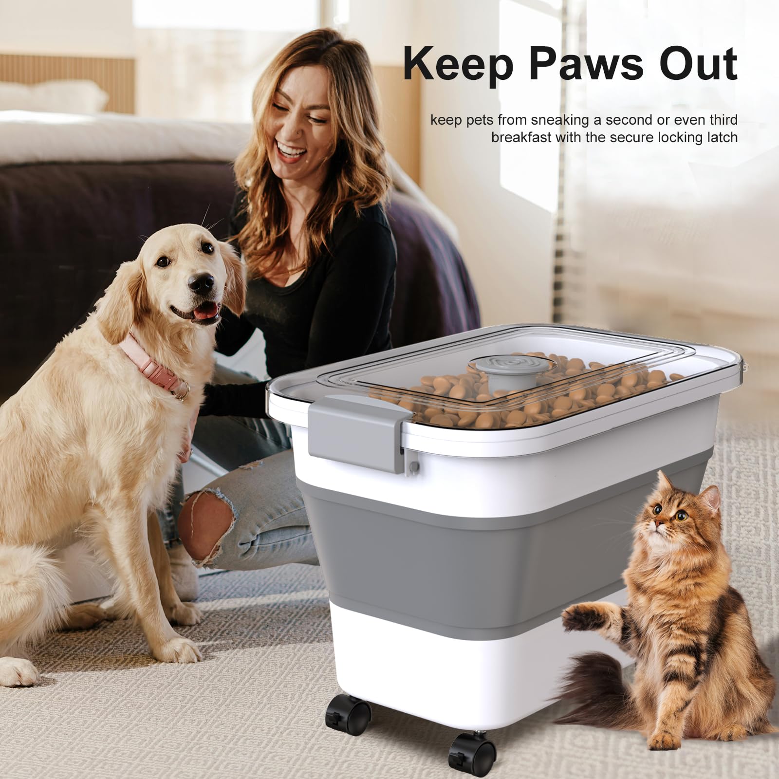 Viretec compact dimensions fit 18-20 lbs of dog food with wheels.