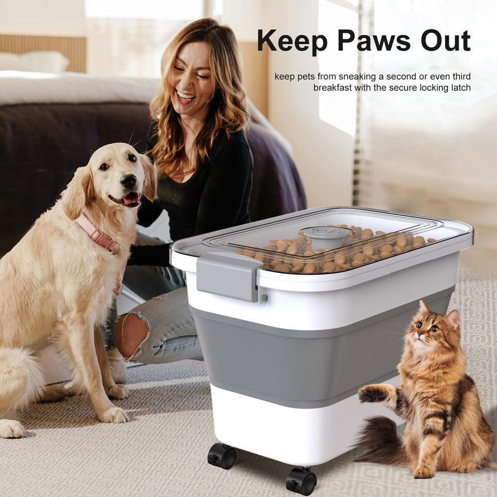 Viretec compact dimensions fit 18-20 lbs of dog food with wheels.