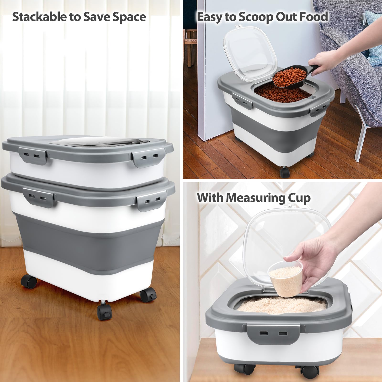 Viretec dog food container in-kitchen use fits on shelves or counters.