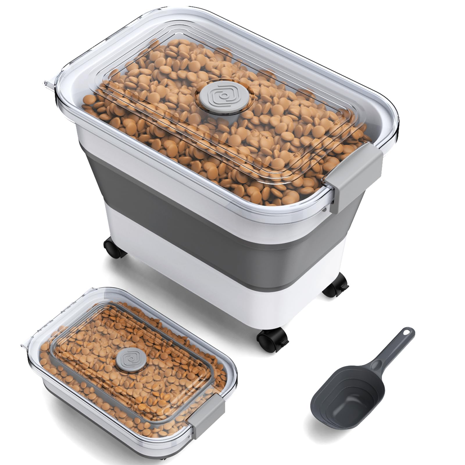 Viretec dog food container with transparent lid shows remaining food.