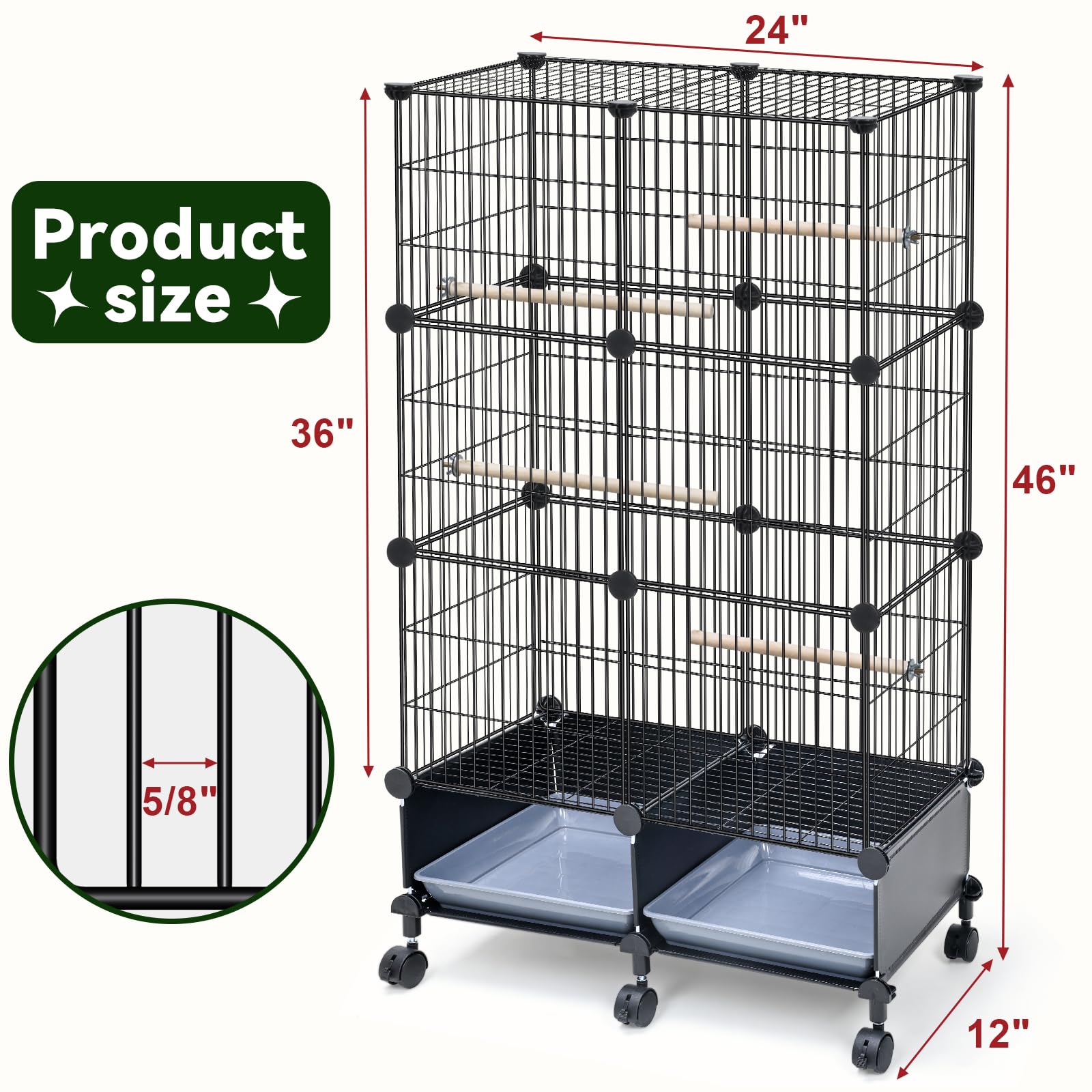 VISCOO bird cage side view with wooden perches for resting inside.