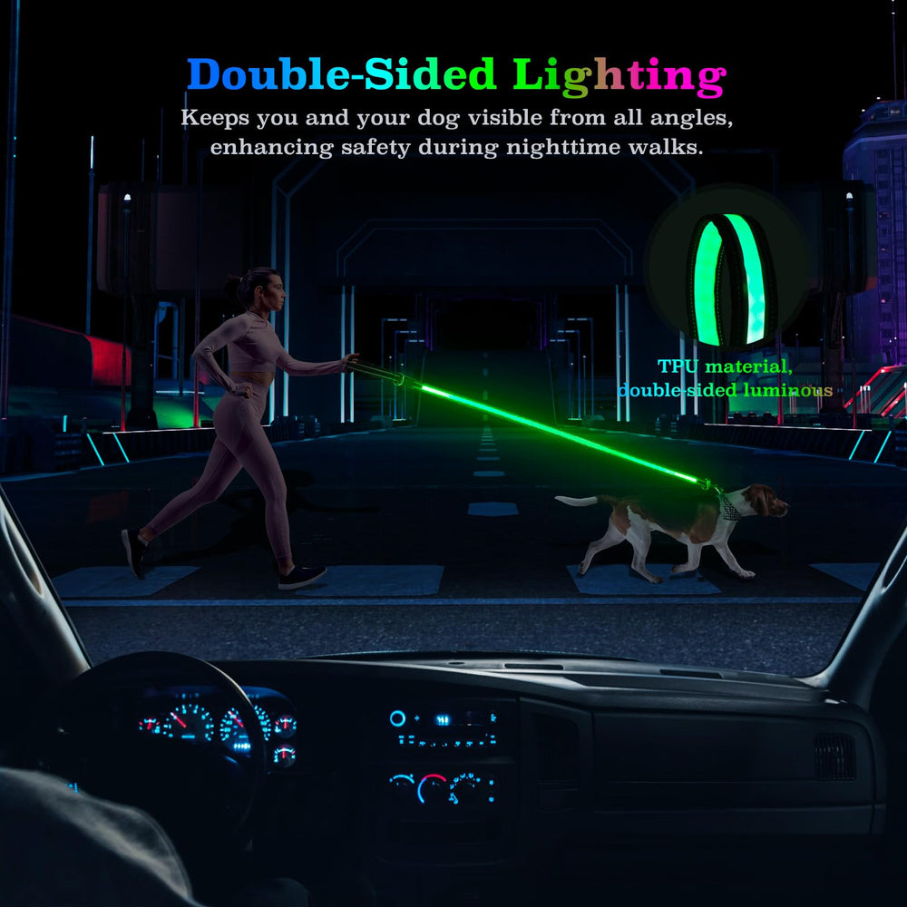 Visinite LED dog leash showcasing seven lighting modes for visibility