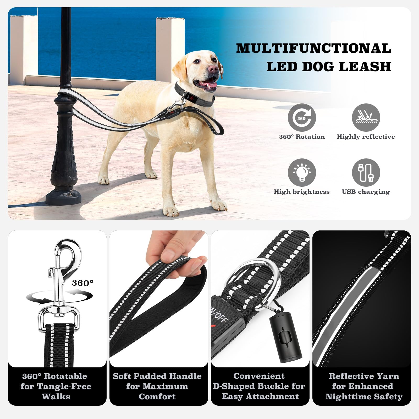 Visinite USB-rechargeable leash charging for long evening walks
