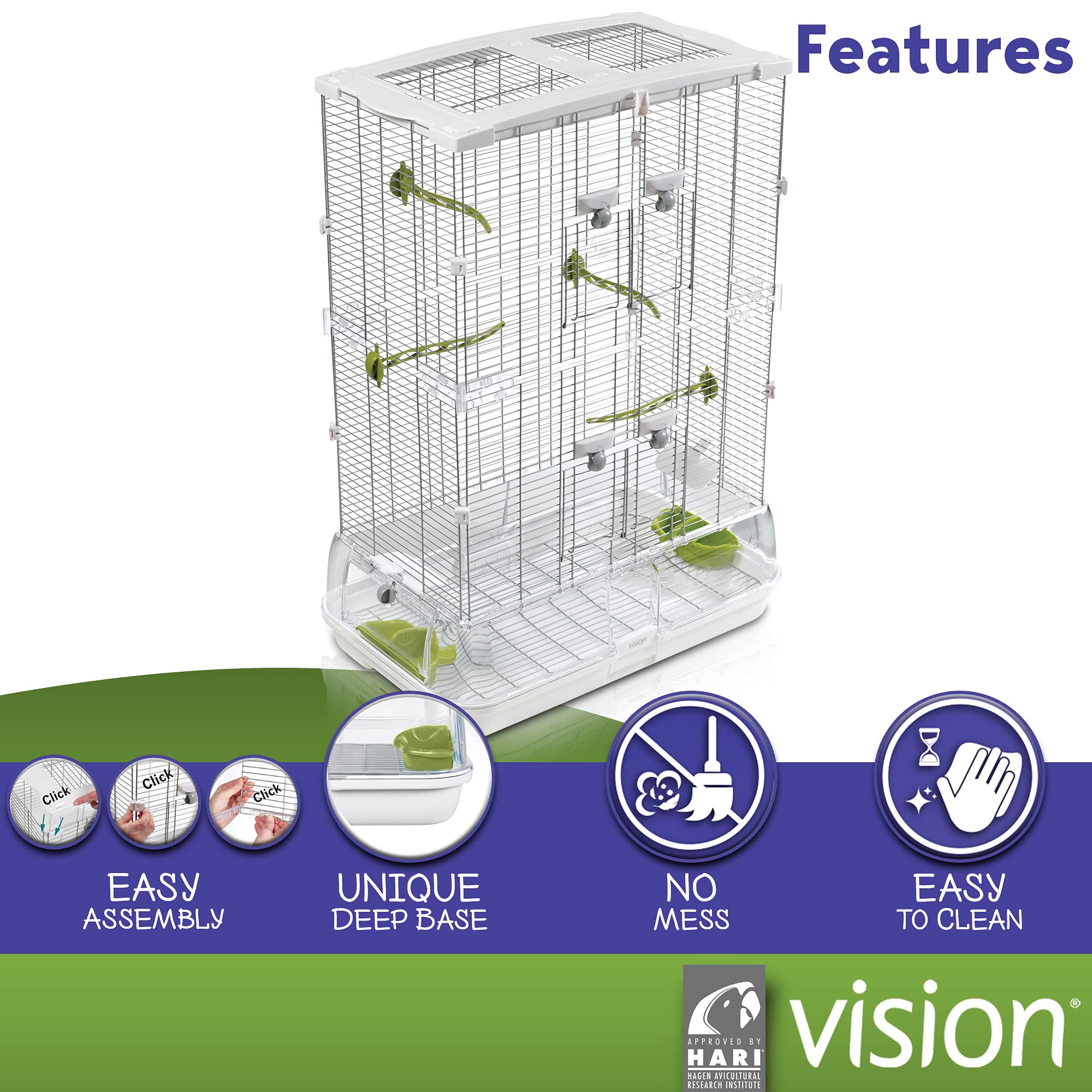 Vision M02 exterior seed and water cup access minimizes bird disturbance during refills.