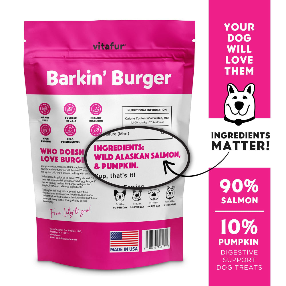Vitafur Barkin Burger ingredient closeup shows lean protein and premium two-ingredient formula