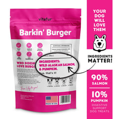 Vitafur Barkin Burger ingredient closeup shows lean protein and premium two-ingredient formula