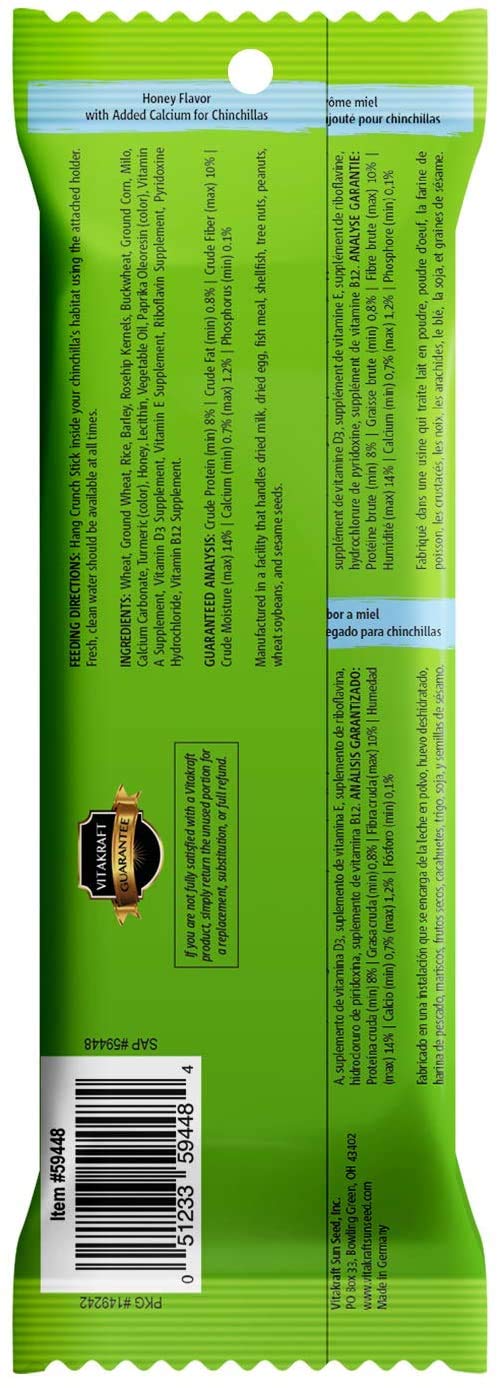 Vitakraft 3-pack chinchilla treats close-up showing calcium-enriched snack time
