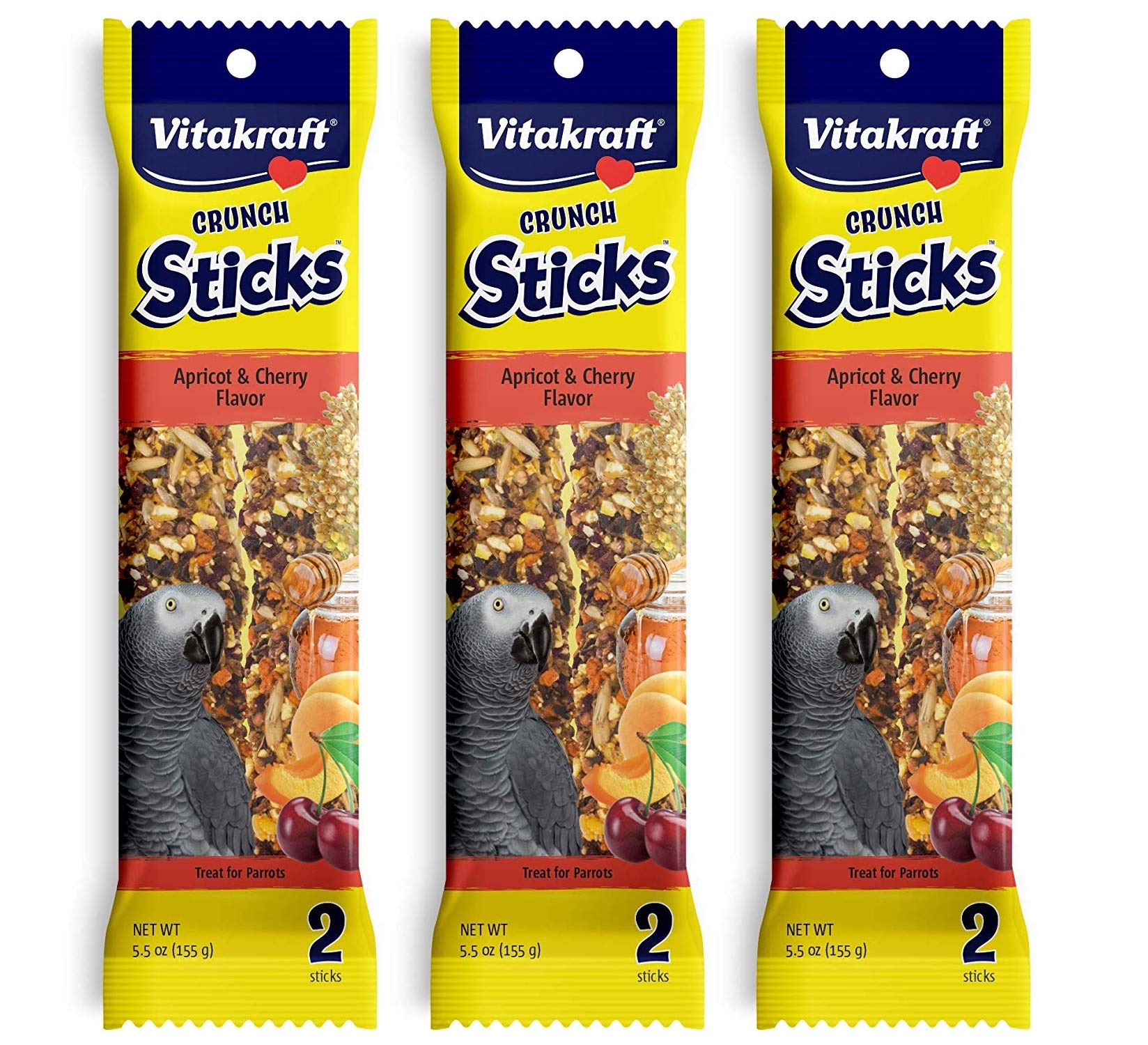 Vitakraft Apricot & Cherry Crunch Sticks package shows three-pack for parrots' enrichment