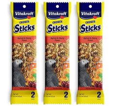 Vitakraft Apricot & Cherry Crunch Sticks package shows three-pack for parrots' enrichment