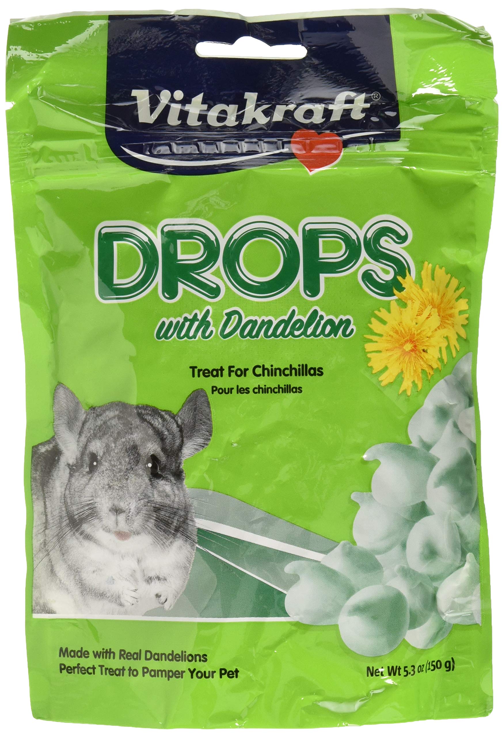 Vitakraft Dandelion Drops chinchilla pack front for convenient feeding.