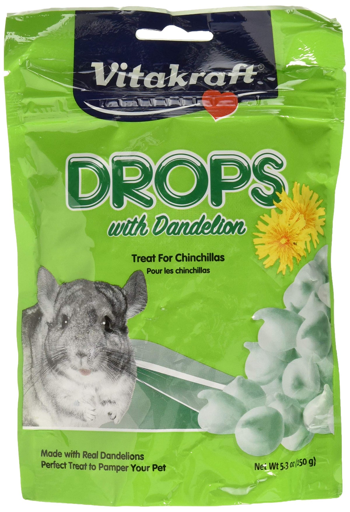 Vitakraft Dandelion Drops chinchilla pack front for convenient feeding.
