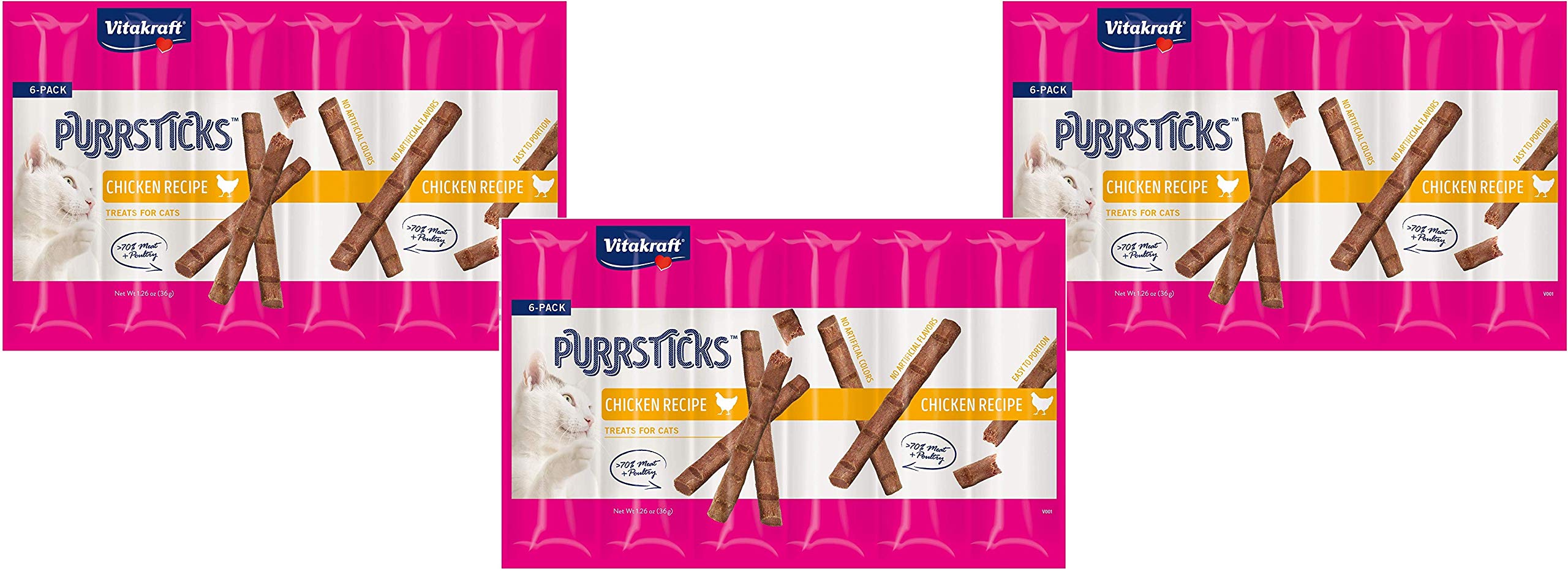 Vitakraft PurrSticks chicken treat on the go for convenient feeding.