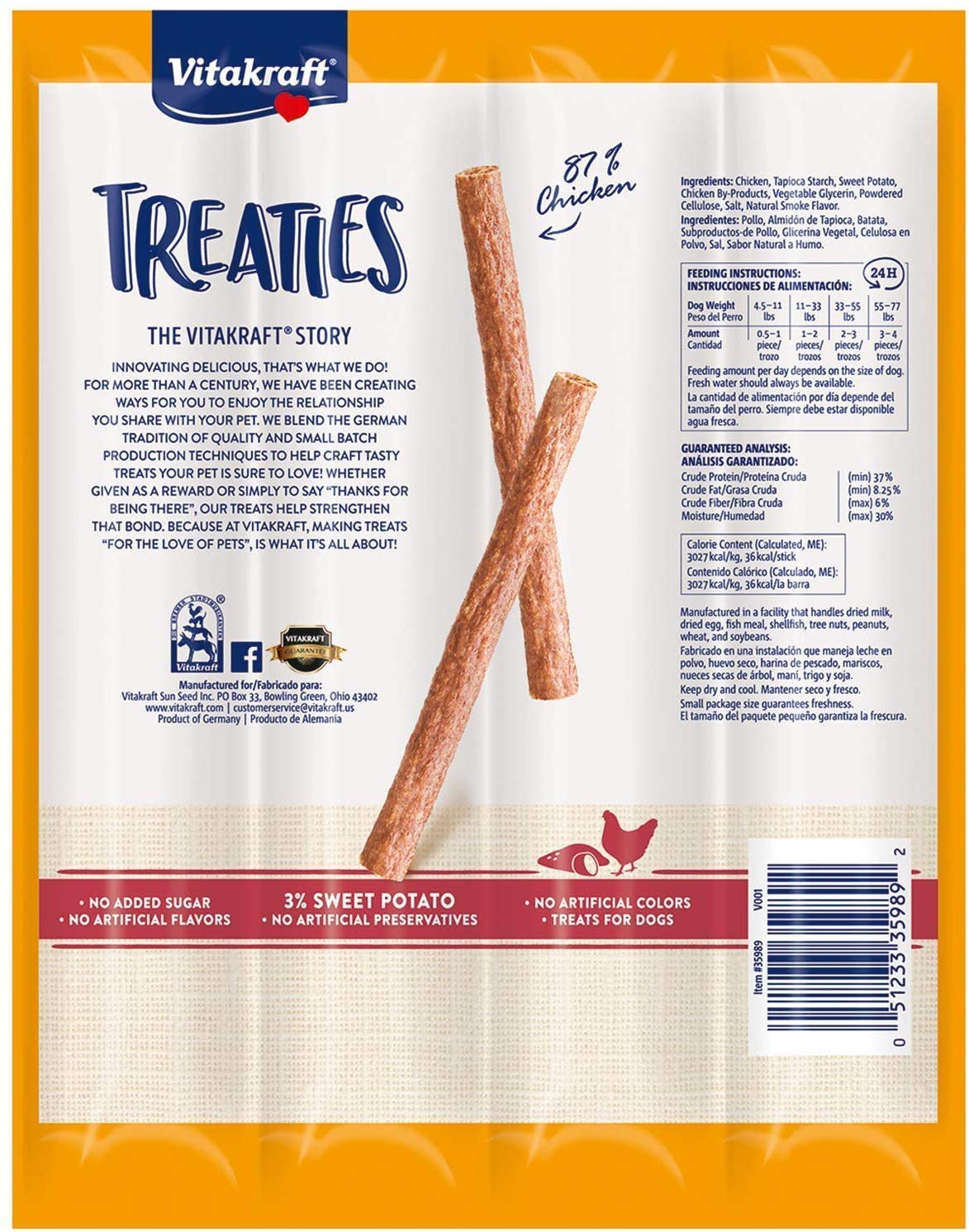 Close-up of a Vitakraft Treaties stick highlighting real chicken flavor for training rewards.