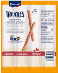 Close-up of a Vitakraft Treaties stick highlighting real chicken flavor for training rewards.