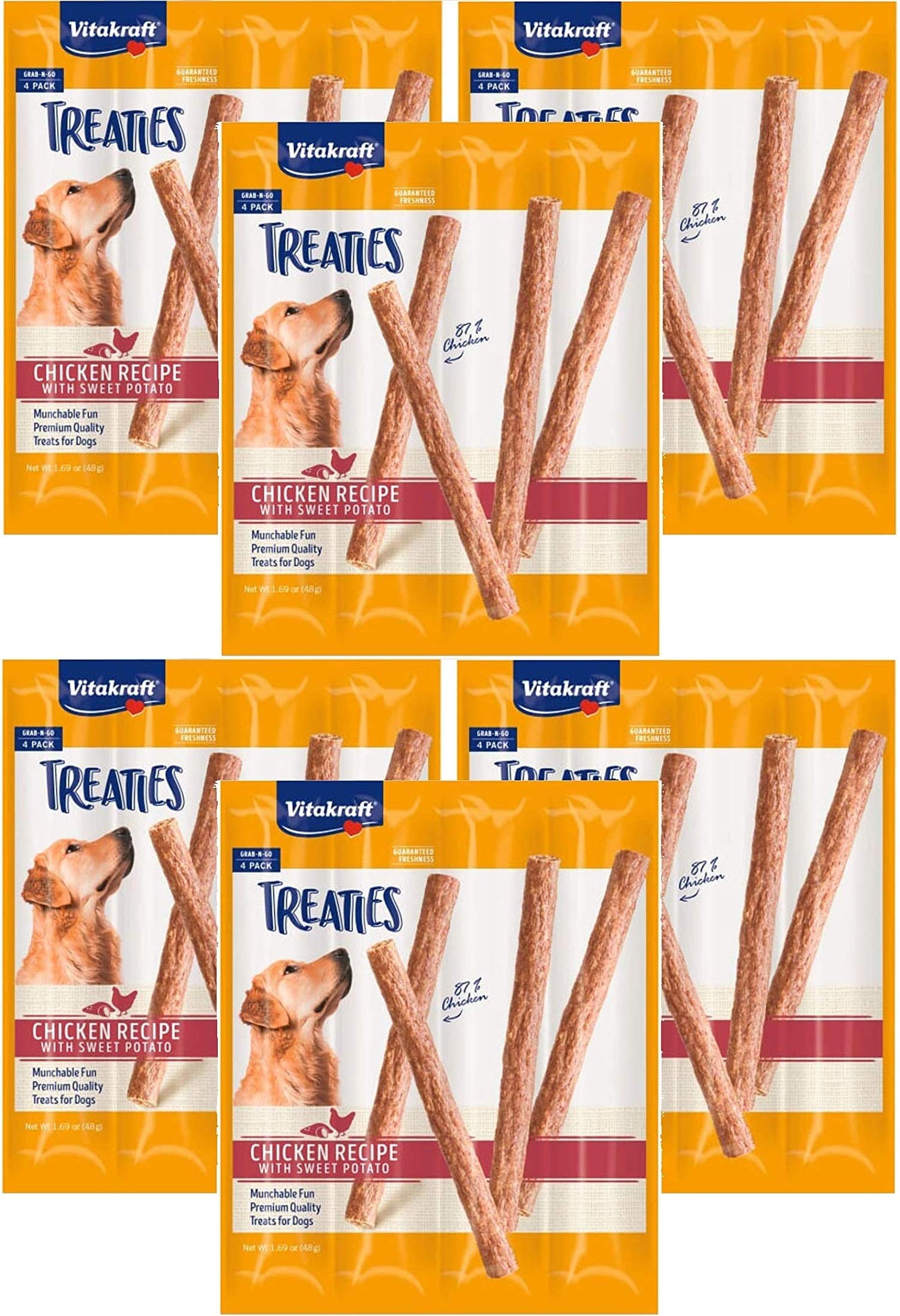 Vitakraft Treaties dog snacks in smoked chicken and sweet potato, packaged for on-the-go freshness.