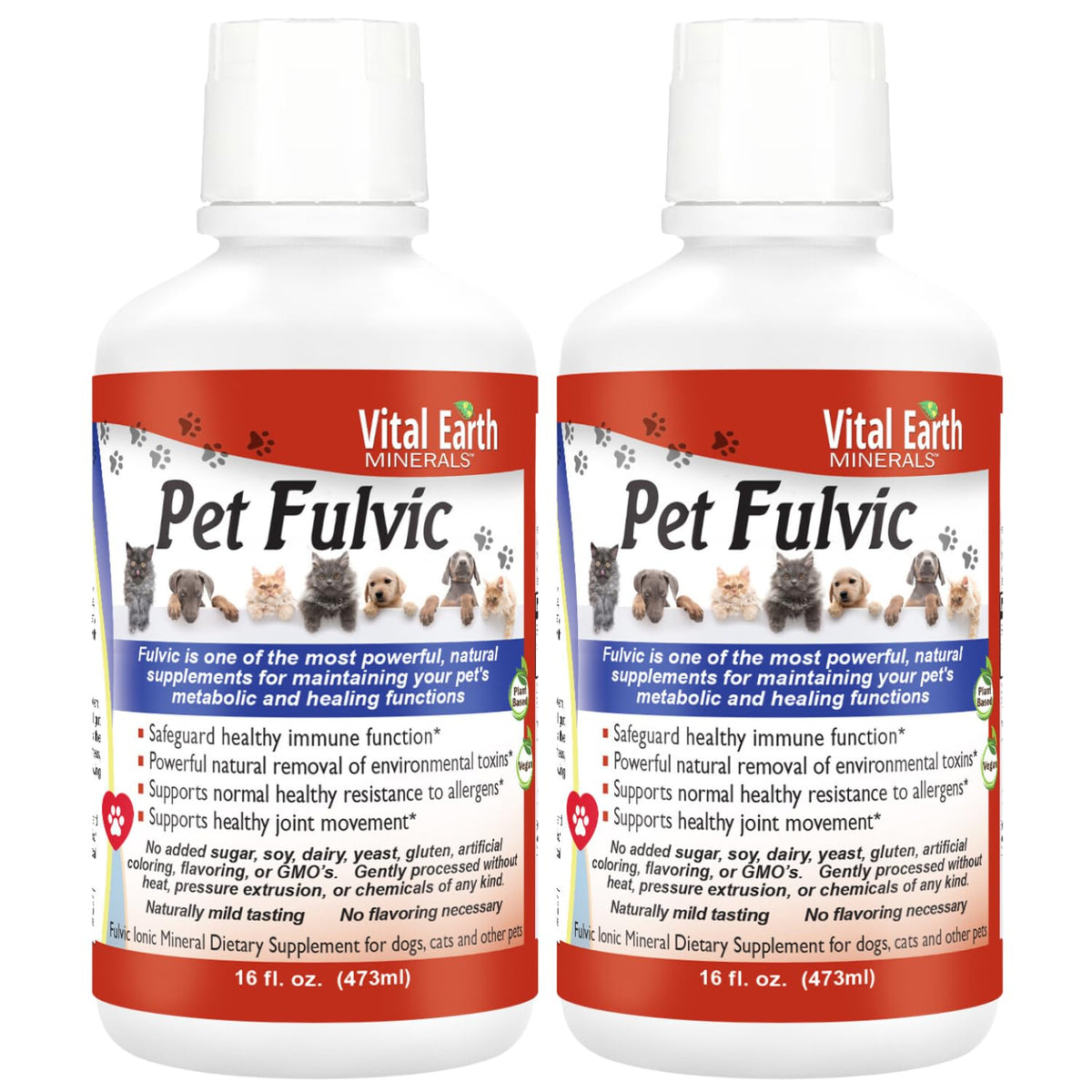 Vital Earth Minerals Pet Fulvic bottle highlights dog joint support and overall vitality.