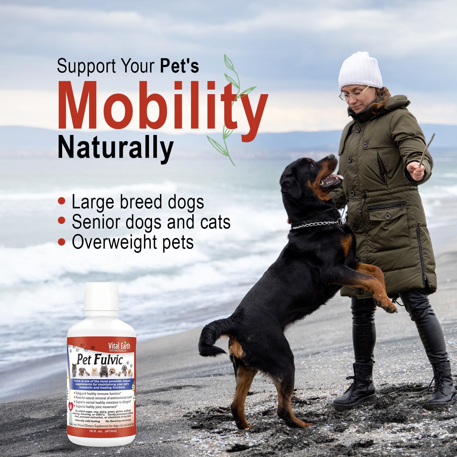 Vital Earth Minerals Pet Fulvic dog joint support image suggests daily care.