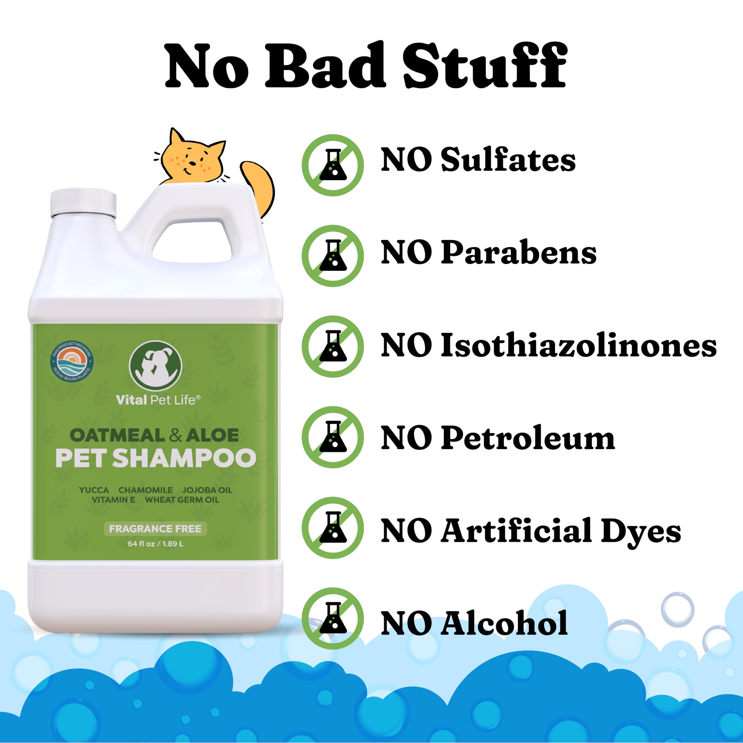 Vital Pet Life dog shampoo chamomile calm image suggests soothing bath-time relief