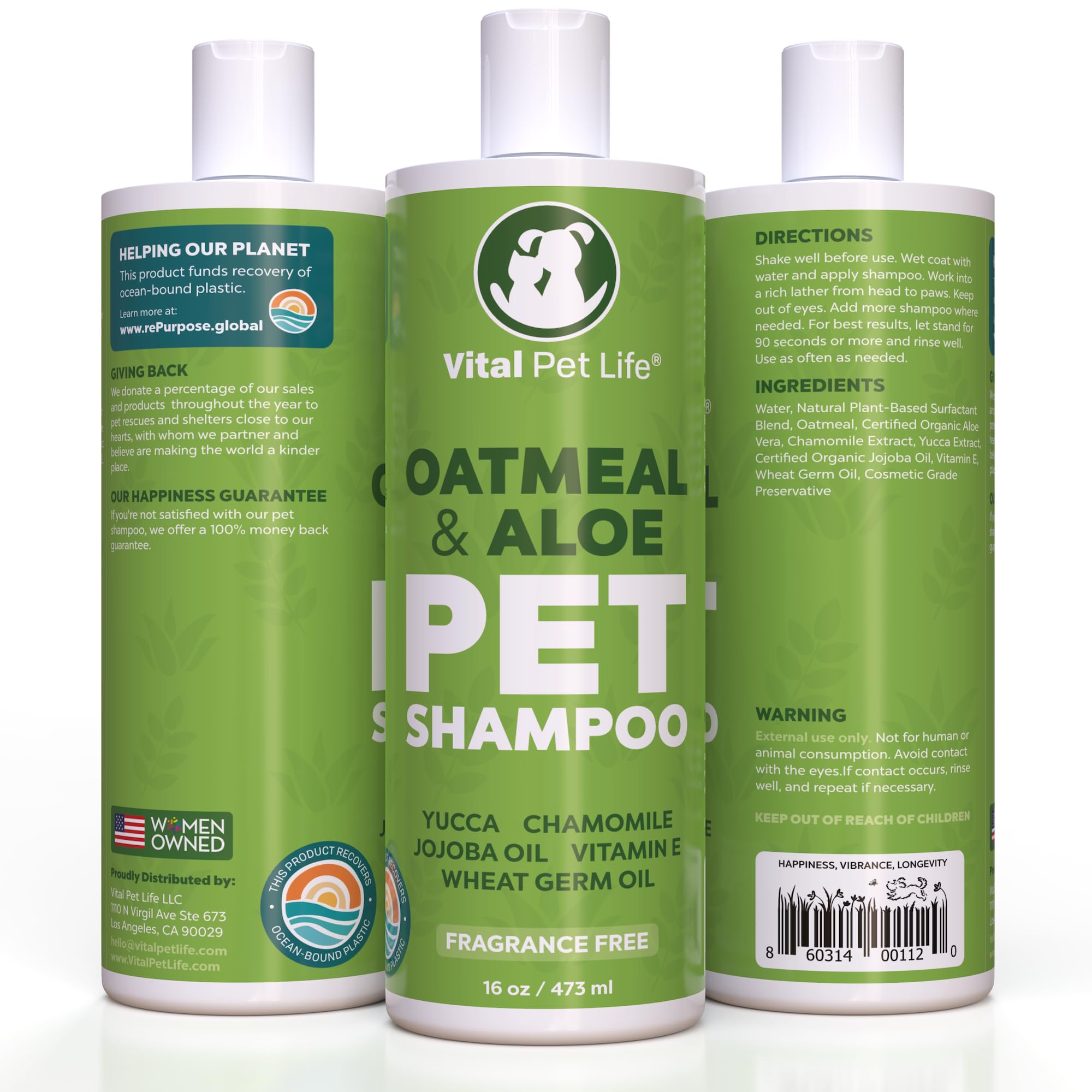 Vital Pet Life dog shampoo bottle showing sulfates-free formula for gentle baths