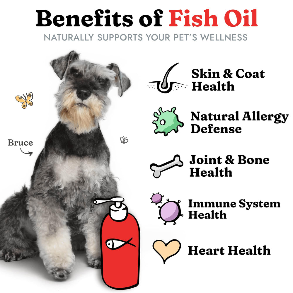 Vital Pet Life fish oil bottle label highlights salmon and pollock for omega-3