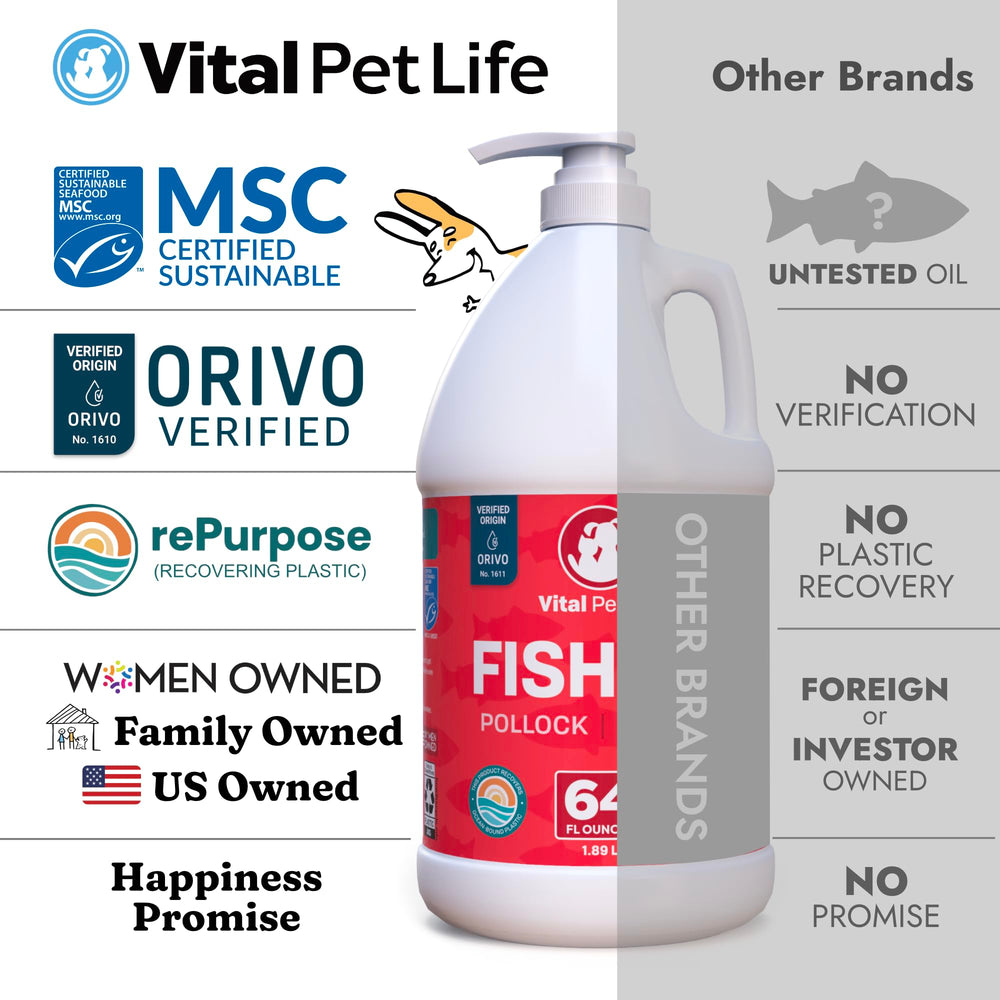 Vital Pet Life fish oil branding emphasizes sustainable sourcing