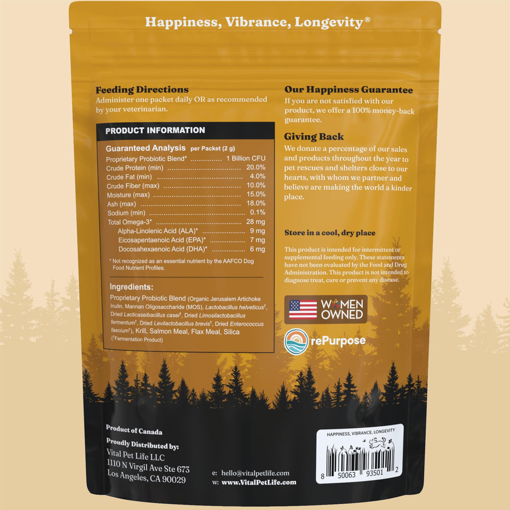 Vital Probiotics for Dogs 30-pack box with wolf motif suggests durable daily use.