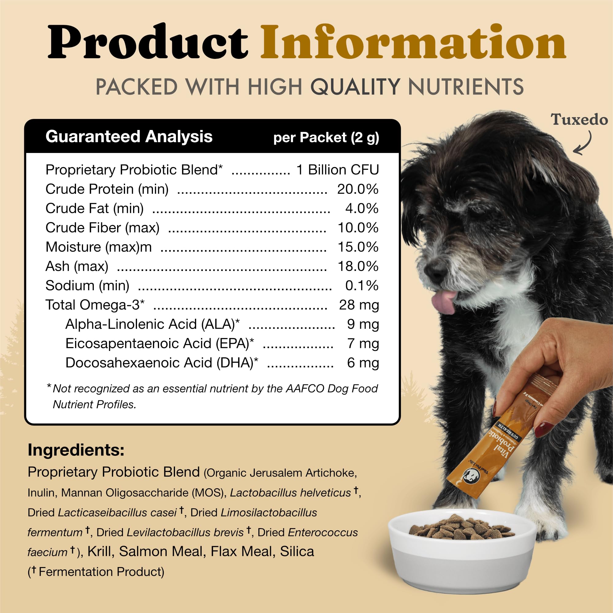 Vital Probiotics for Dogs ingredient list closeup highlights prebiotics and postbiotics.