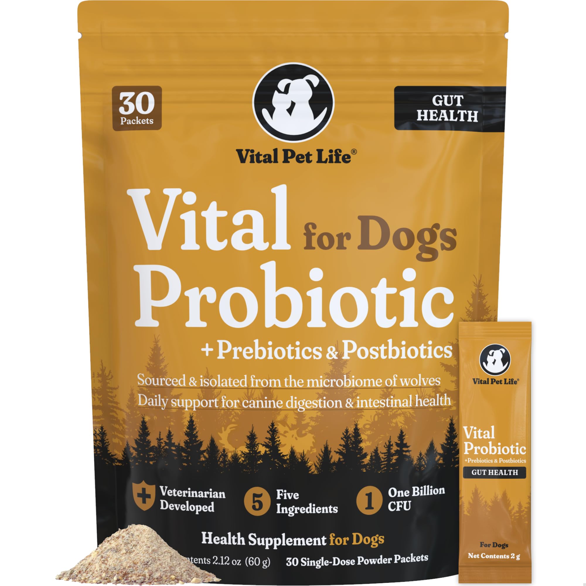 Vital Probiotics for Dogs packaging highlights wolf microbiome concept and daily digestive support.
