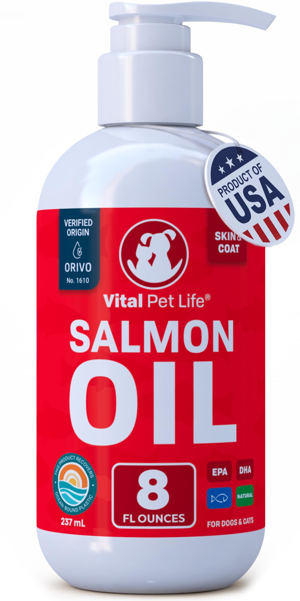 Vital Pet Life Salmon Oil bottle label highlights omega-3 for healthy coats