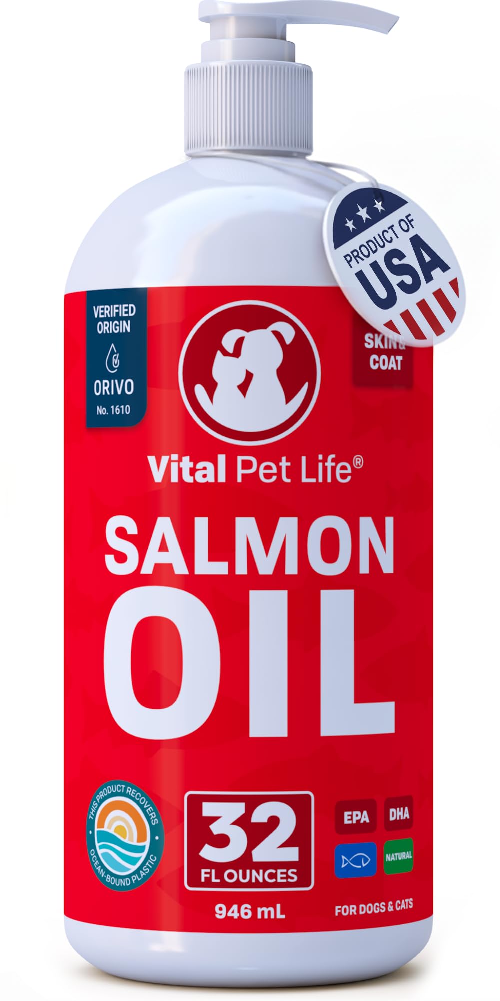 Vital Pet Life Salmon Oil bottle being poured for daily omega-3 support