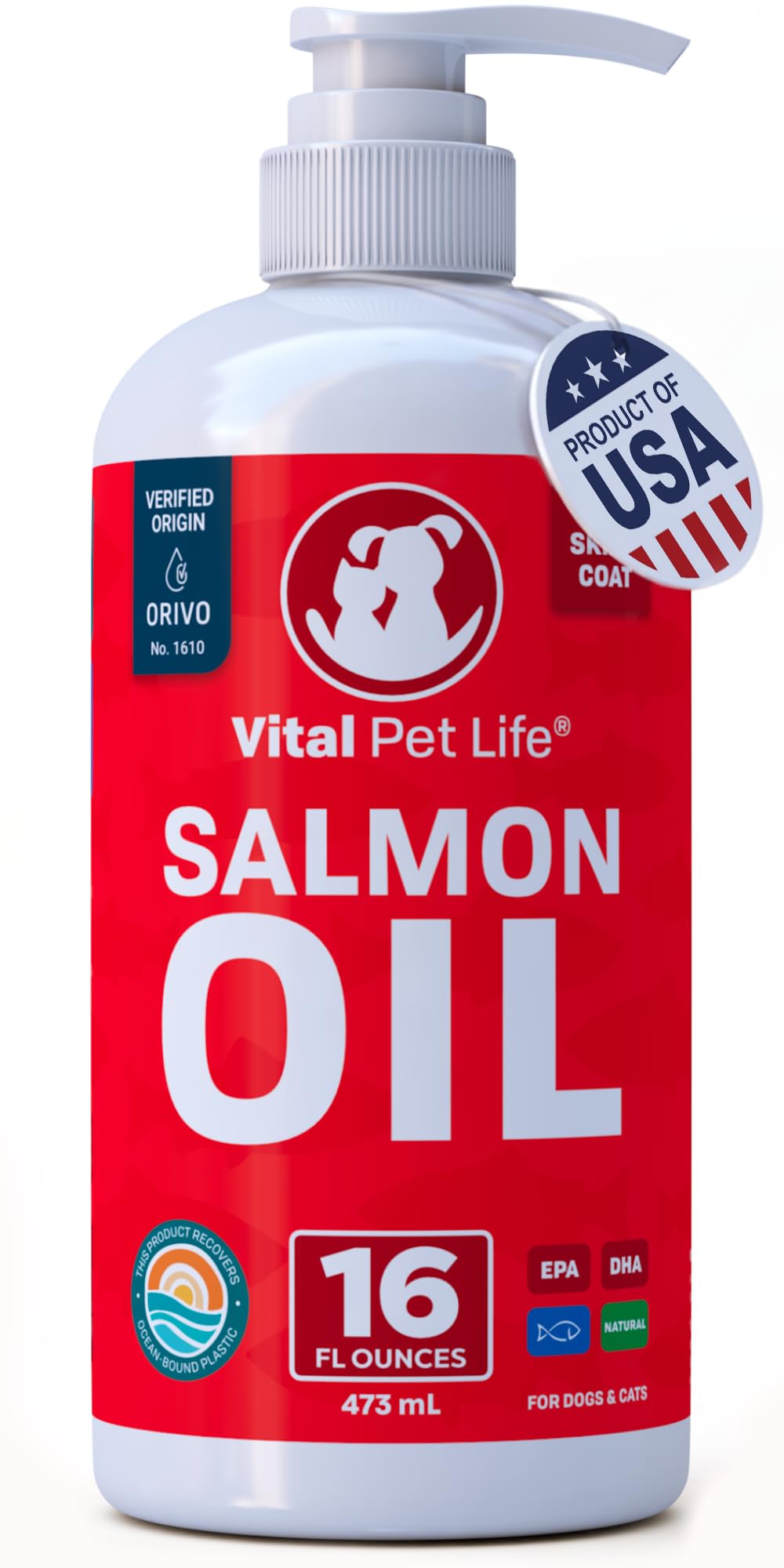 Vital Pet Life salmon oil bottle front view for shiny coat benefits