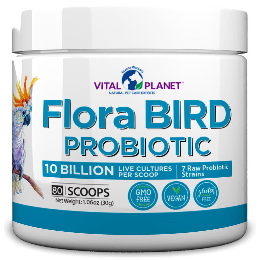 Vital Planet Flora Bird probiotic bottle with 10B cultures for birds.