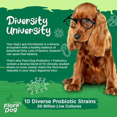 Vital Planet Flora Dog ingredients close-up highlighting 10 strains and prebiotics for gut microbiome balance.