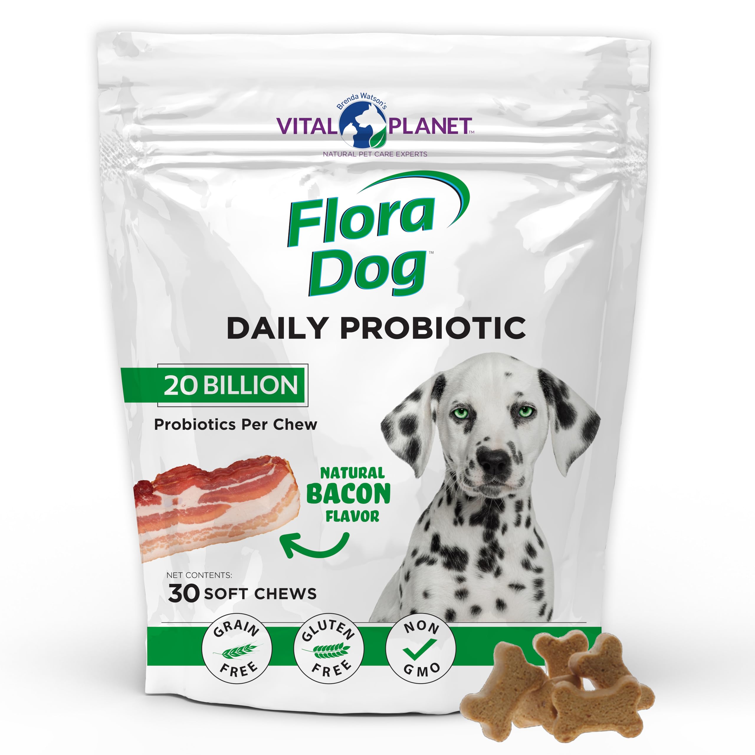 Vital Planet Flora Dog Probiotics bottle showcases 20 billion cultures for daily digestive balance.