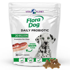 Vital Planet Flora Dog Probiotics bottle showcases 20 billion cultures for daily digestive balance.
