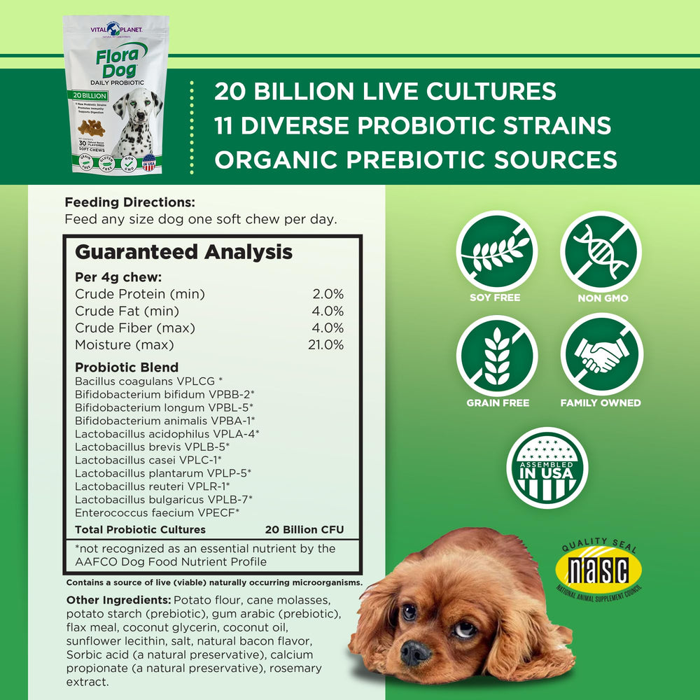 Vital Planet Flora Dog Probiotics soft chews bacon flavor for tasty, convenient dosing.