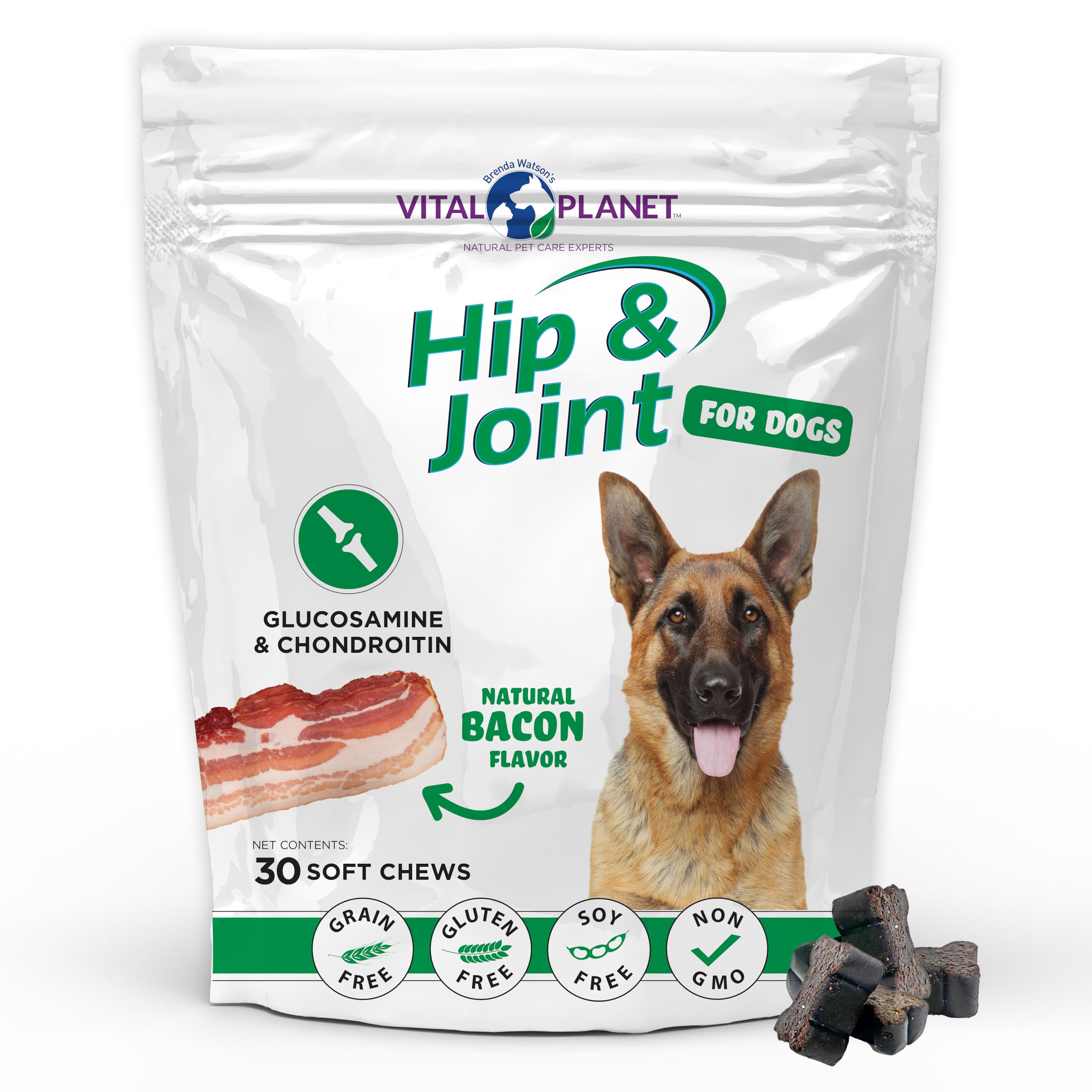 Vital Planet Hip and Joint Soft Chews bacon bottle shown for easy feeding and palatability